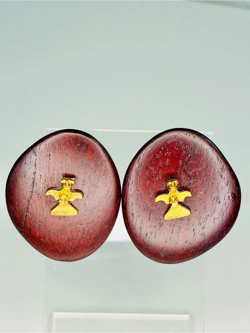 Unique Round Dark Cherry Wood Stud Earrings with Gold Accent - Women’s Jewelry